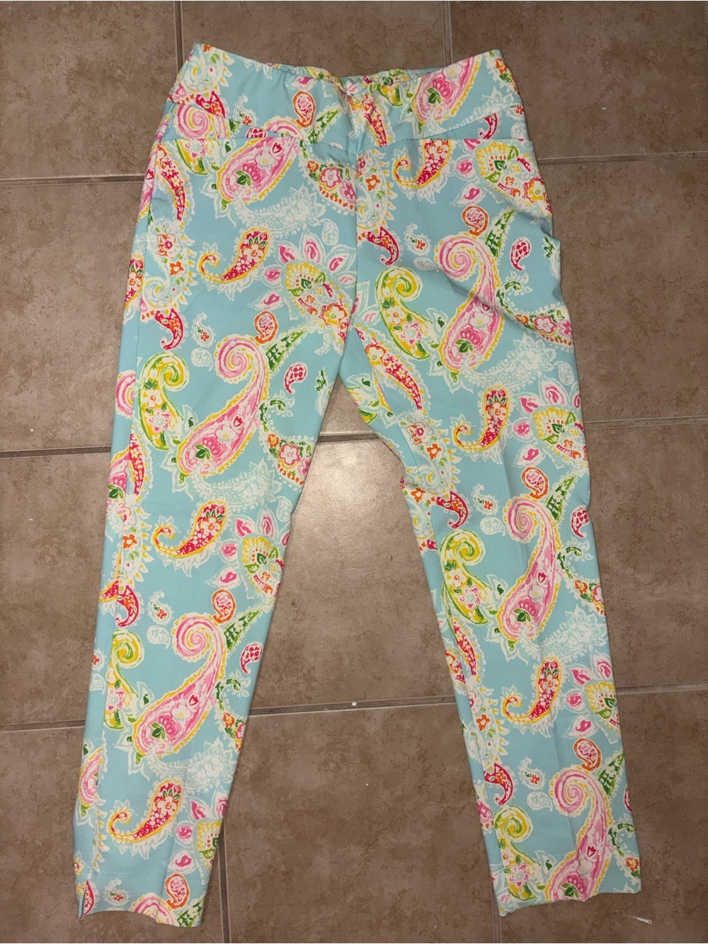 IBKUL Light Blue Paisley Cropped Ankle Pants with Pink & Yellow Accents